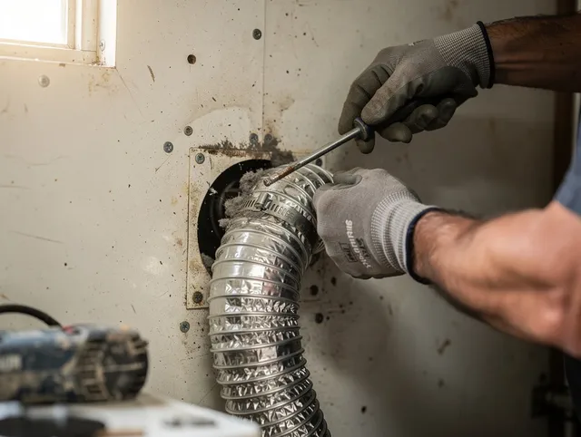 Azusa Dryer Vent Cleaning technician performing precise dryer vent hose installation in Azusa